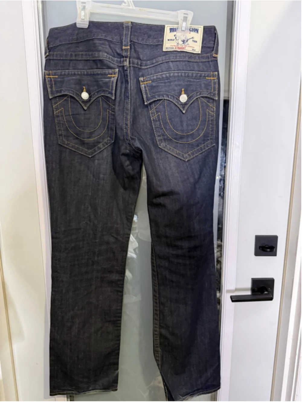 Men's True Religion Straight Leg Jeans Waist 33 Blue with Yellow Stitching